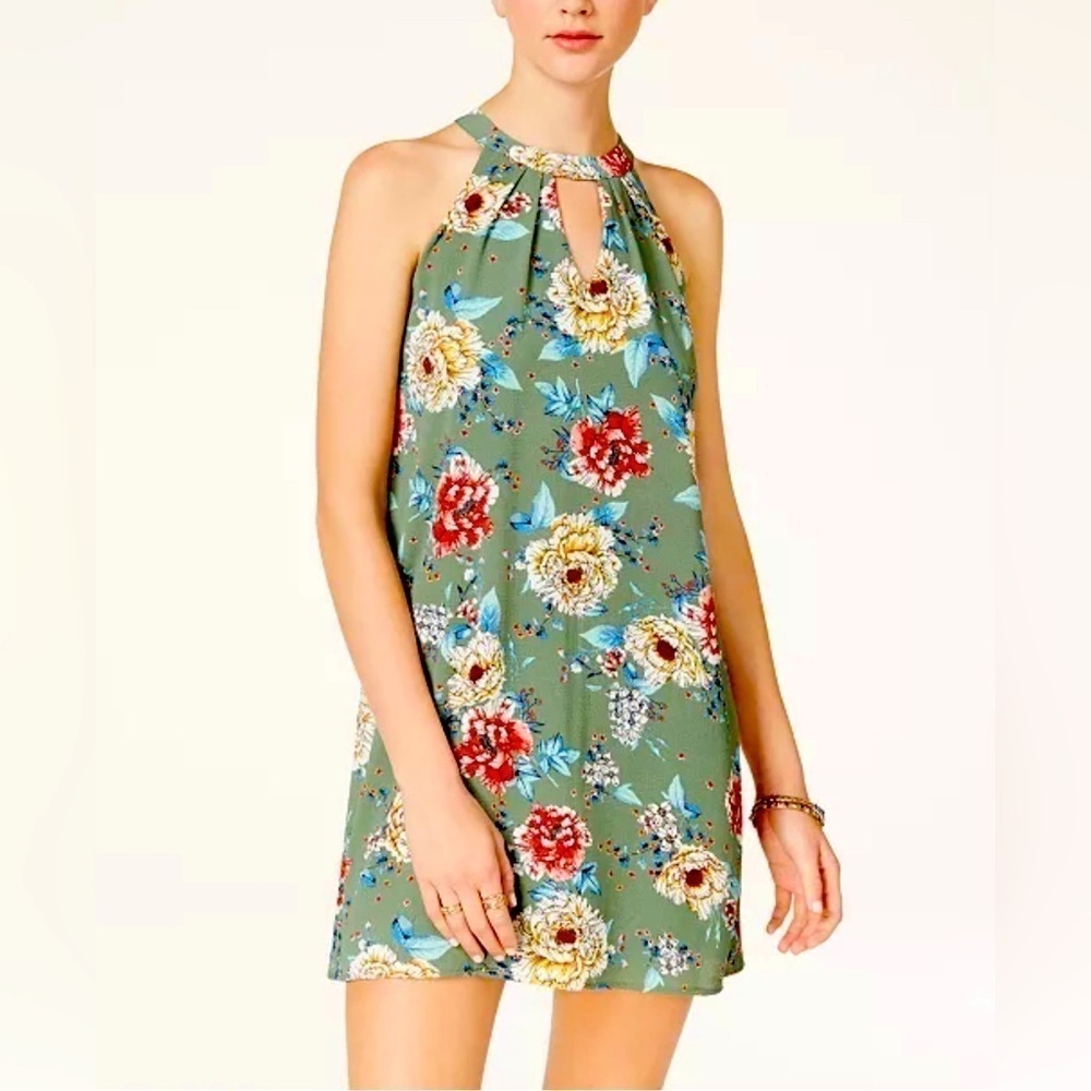 AS U WISH Fun Flirty Sleeveless Keyhole Green Floral Halter Mini Dress in Large.